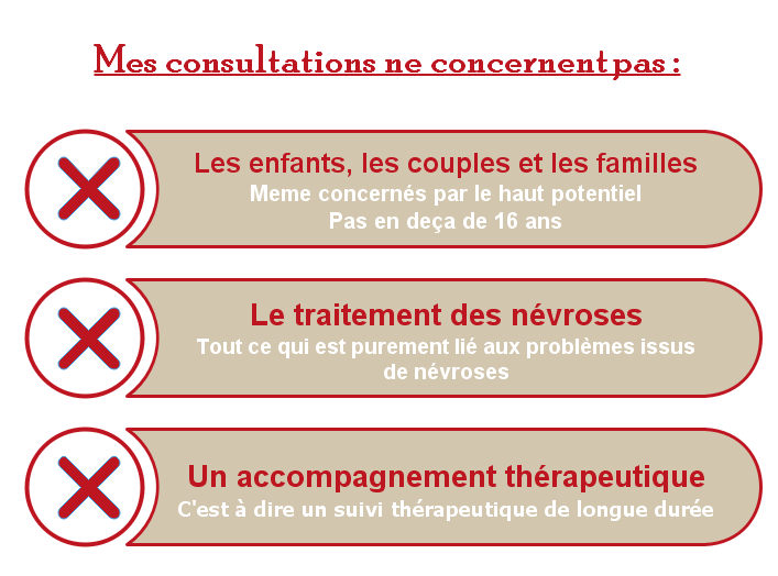 Image expliquant le type de consultations que je ne fais pas. A savoir les enfants, les couples et les familles et le traitement des névroses